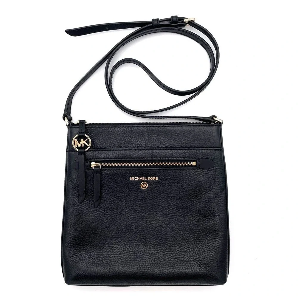 Michael Kors Black Pebbled Leather Jet Set Crossbody Bag Gold Hardware COA